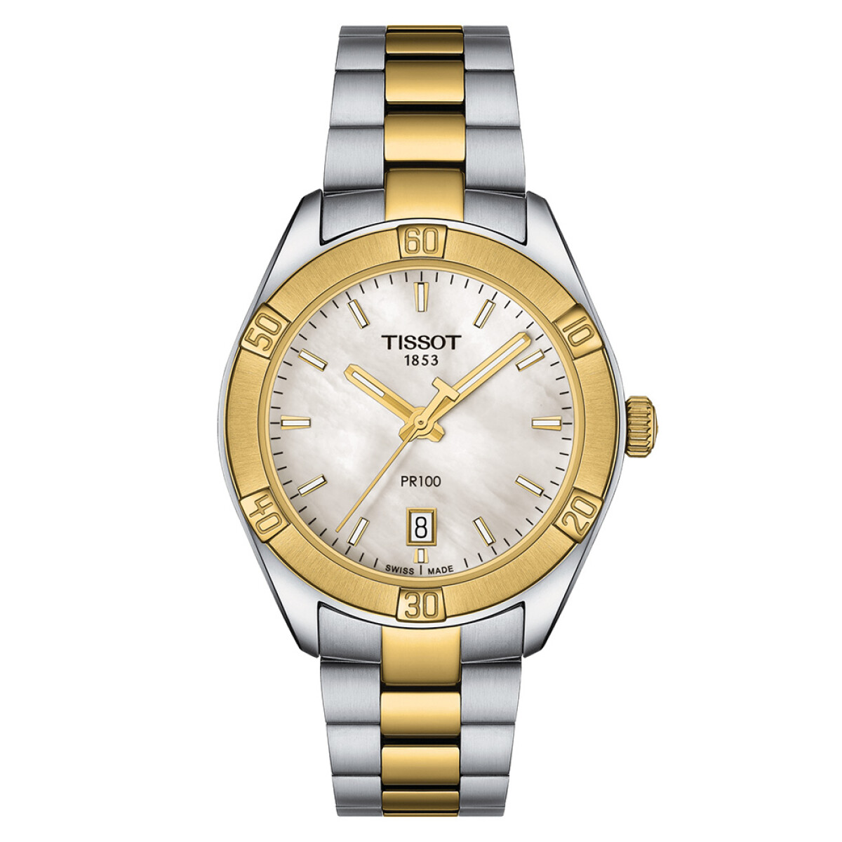 Reloj Tissot PR 100 Sport Chic en acero y PVD oro amarillo con esfera de madre perla blanca 