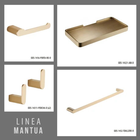 SET DE ACCESORIOS SERIE MANTUA, INCLUYE 2 PERCHAS, JABONERA, PORTAROLLO Y TOALLERO RECTO - ORO CEPILLADO 000