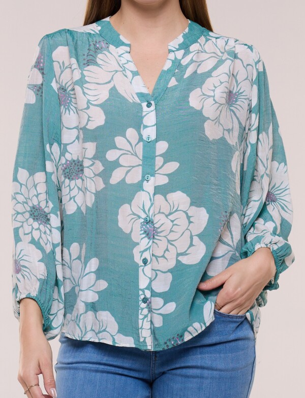 Blusa Crinkle Holgada Con Escote V VERDE/MULTI