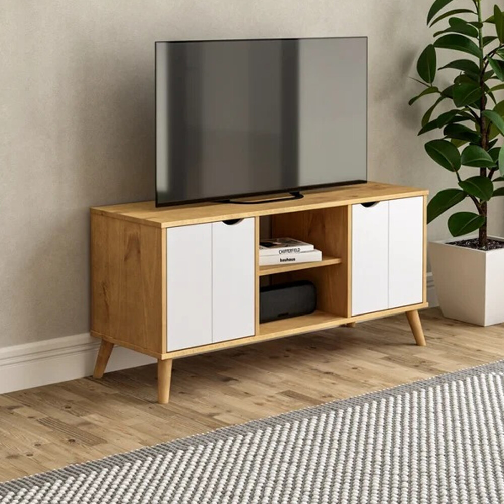 RACK APARADOR PARA TV O AUDIO 2 PUERTAS EN MADERA MACIZA BLANCO