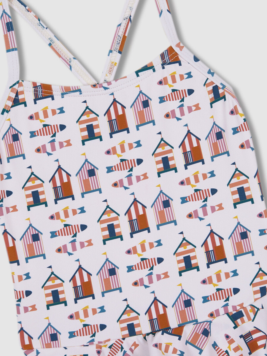 Traje De Baño Estampado Casitas Blanco Roto