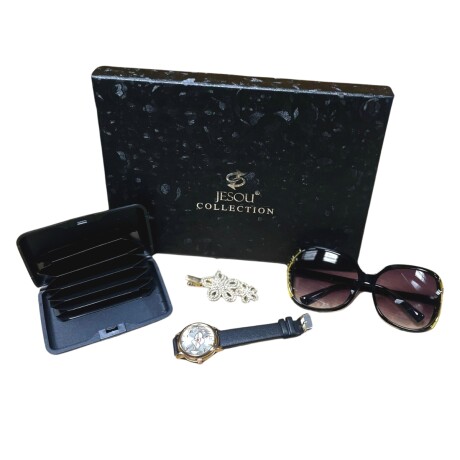 Pack Dama Tarjetero Lentes de Sol Broche y Reloj E-042 NEGRO