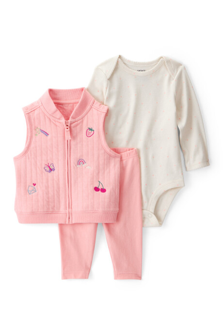 Set tres piezas de algodón, chaleco bordado, pantalón y body Set tres piezas de algodón, chaleco bordado, pantalón y body