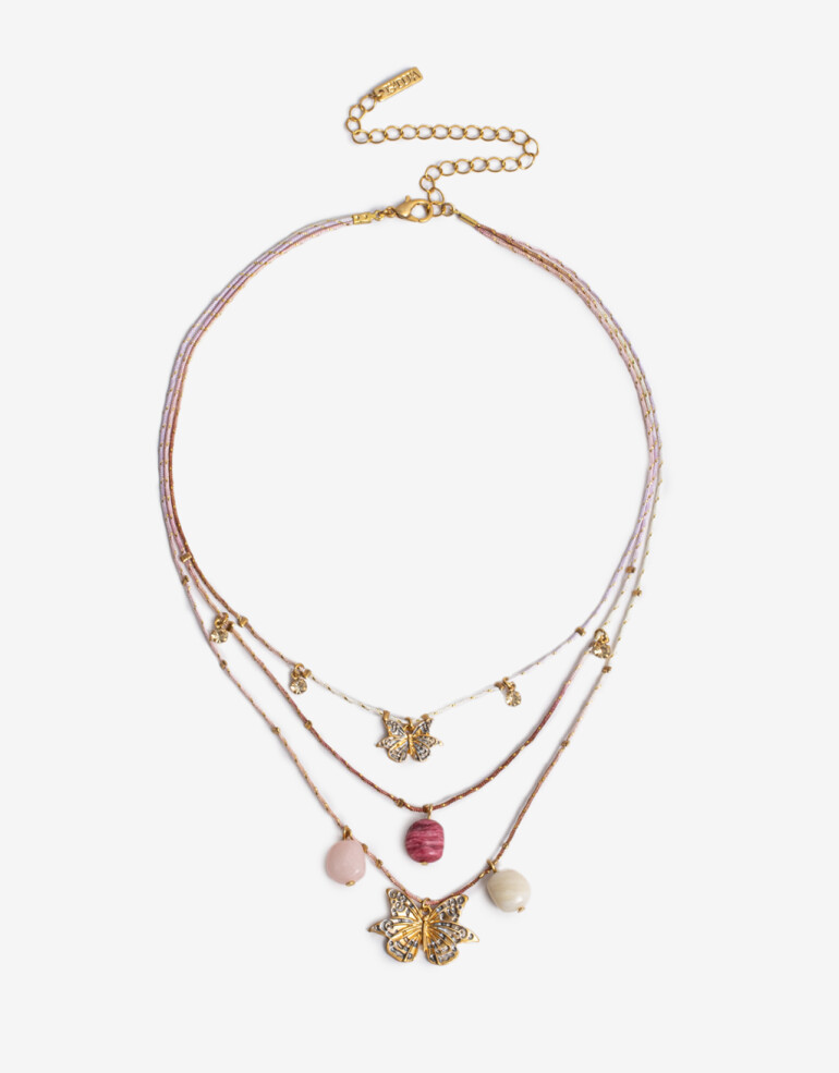 Collares Cortos Piedra Collar Corto Mariposa Y Piedra - Dorado Oro Cepillado Mate