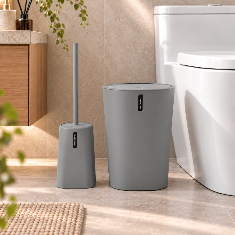 Set de Baño 2 Piezas con Papelera y Cepillo para Inodoro de Plástico Gris