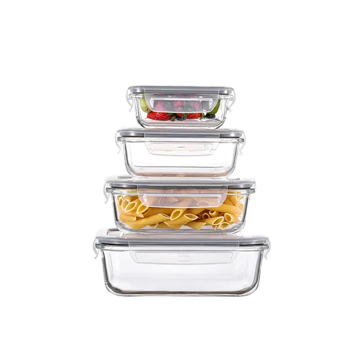 Set de Tuppers de Vidrio Herméticos Rectangulares – 4 Tamaños Apilables - Transparente 
