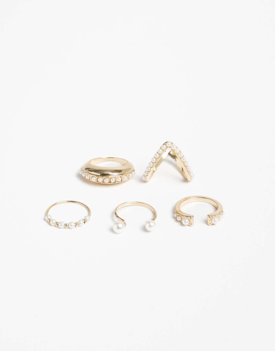 Set De Anillos Con Perlas - Dorado 