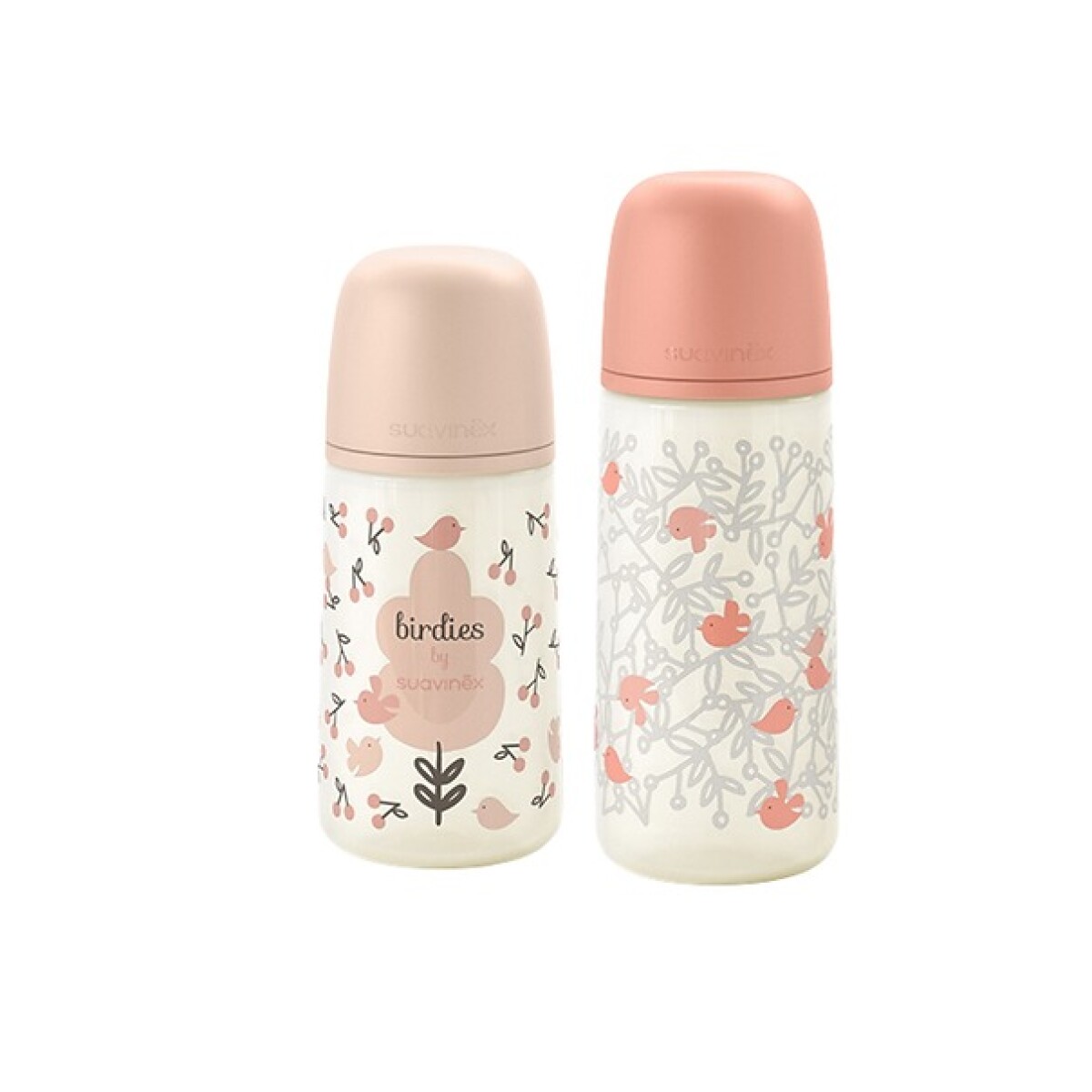 Set x2 biberones Suavinex 270ml + 360ml - Prints - birds rosa 