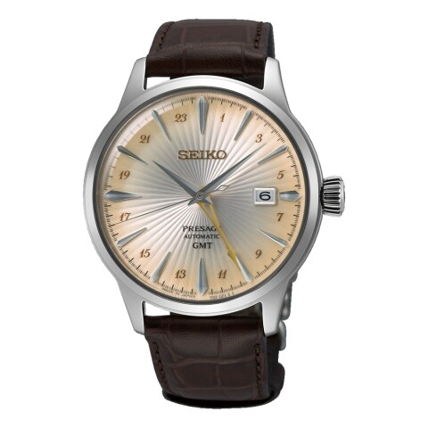 Reloj Seiko Presage Cocktail Time SSK041J1 GMT para hombre con correa de cuero Plateado