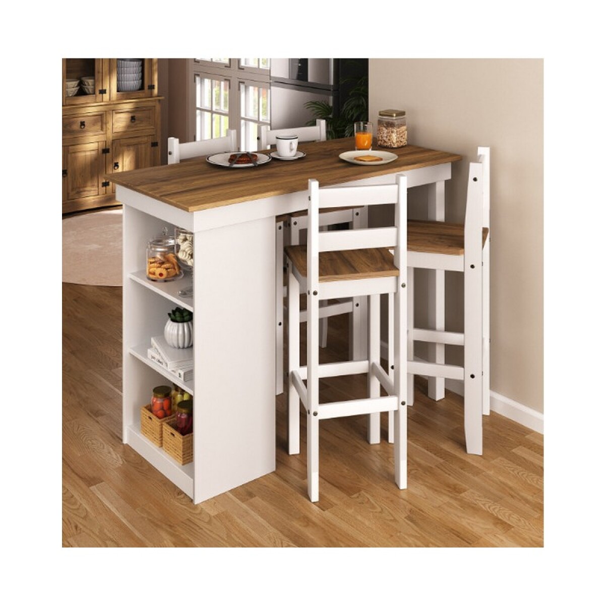 DESAYUNADOR LONDRES CON 4 BANQUETAS ALTAS BLANCAS 