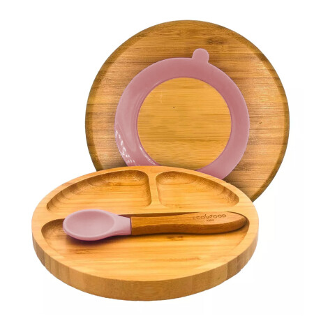 Plato con Separaciones y Cuchara Comida Bebé Madera Silicona Rosa