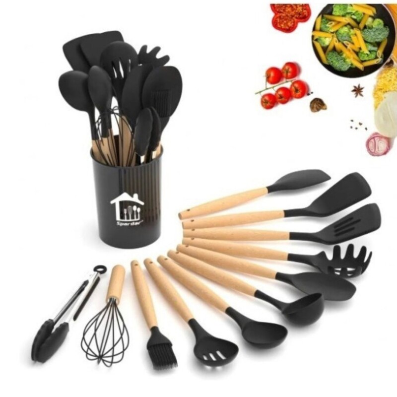 Utensilios Cocina Menage Juego Set X12 Madera Y Silicona Color Negro