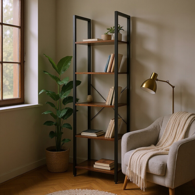 Estanteria biblioteca de hierro y MDF 5 niveles multiuso para el hogar Sin Color