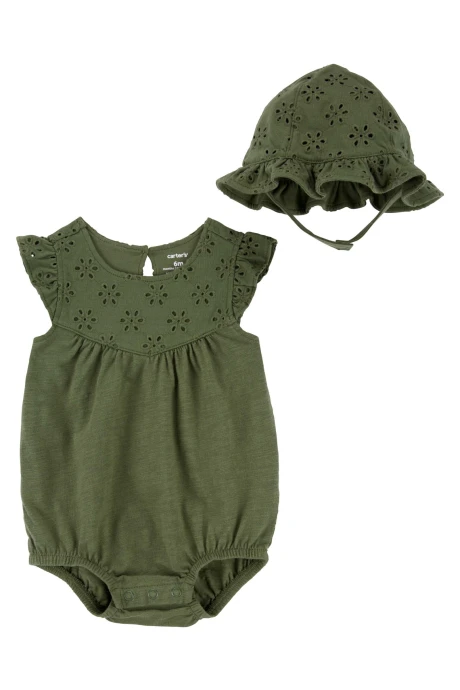 Body de algodón y gorro, verde, con ojales Body de algodón y gorro, verde, con ojales