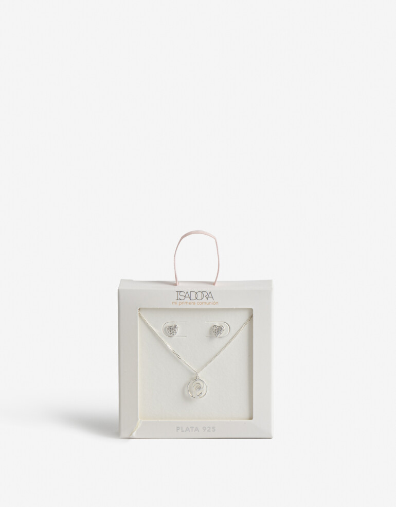 Bijouterie Set Metal Set Para Niñas En Plata Aros Corazón Y Dije Virgen Niña - Plateado Rodio