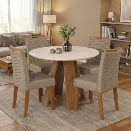 Juego De Comedor 4 Sillas Mesa Redonda - Celeste Marrón | Beige