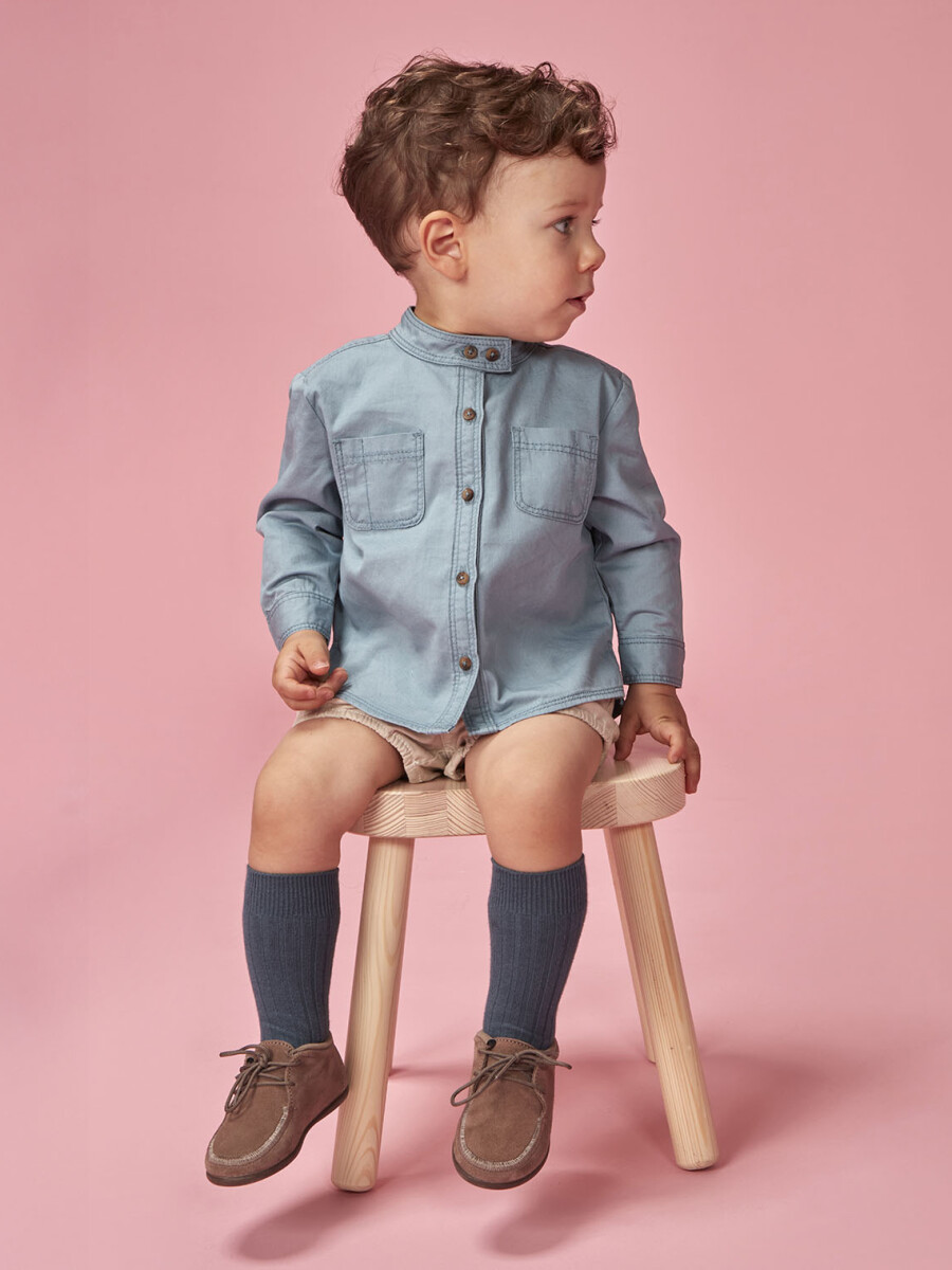 Camisa Cuello Mao Con Bolsillos Azulado