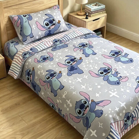 Juego Sábanas Infantil Stitch 1 Plaza 100% Microfibra LILA