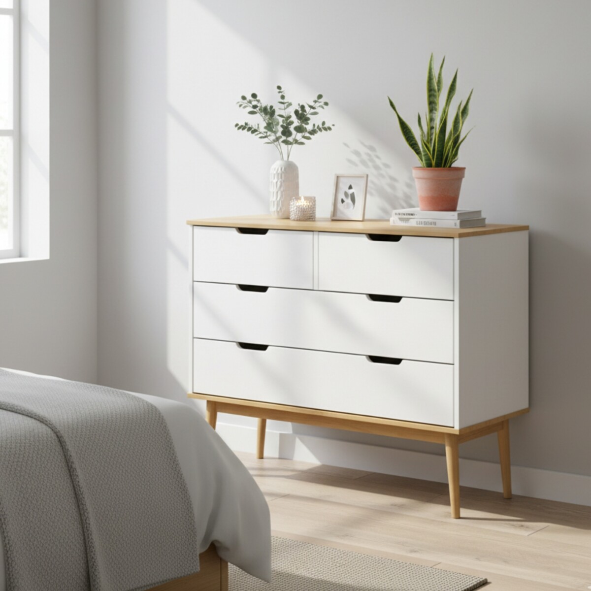 Cómoda 4 Cajones - Linea Nordica - Roble/Blanco 