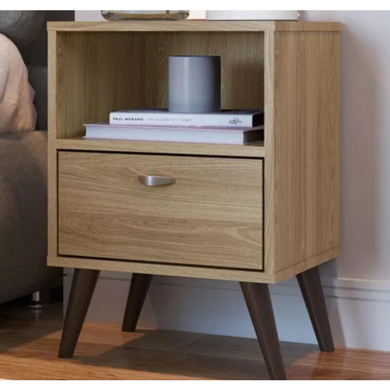 Mesa De Luz Nordica Retro Dormitorio 1 Estantes 1 Cajon Pro Marrón