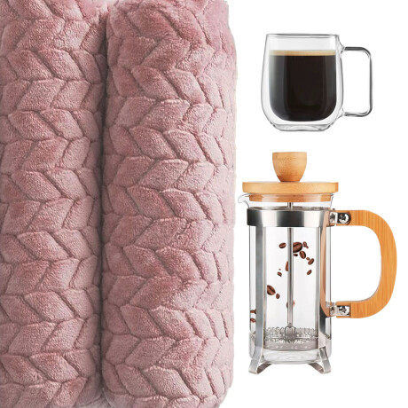 Set Invierno Manta Frazada Polar 2P + Cafetera Tetera + Taza Rosa