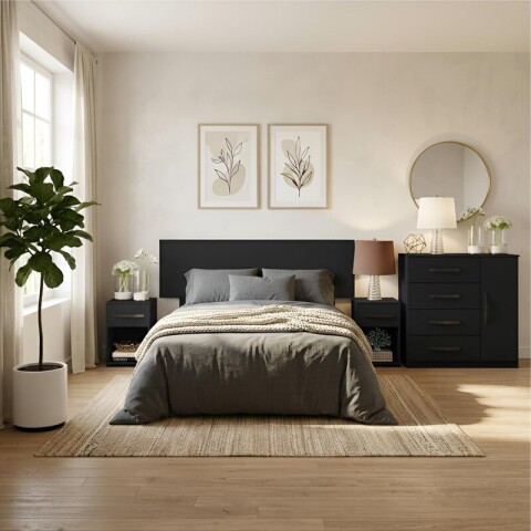 Combo Respaldo, 2 Mesas de Luz y Cómoda - MDP - Negro Combo Respaldo, 2 Mesas de Luz y Cómoda - MDP - Negro