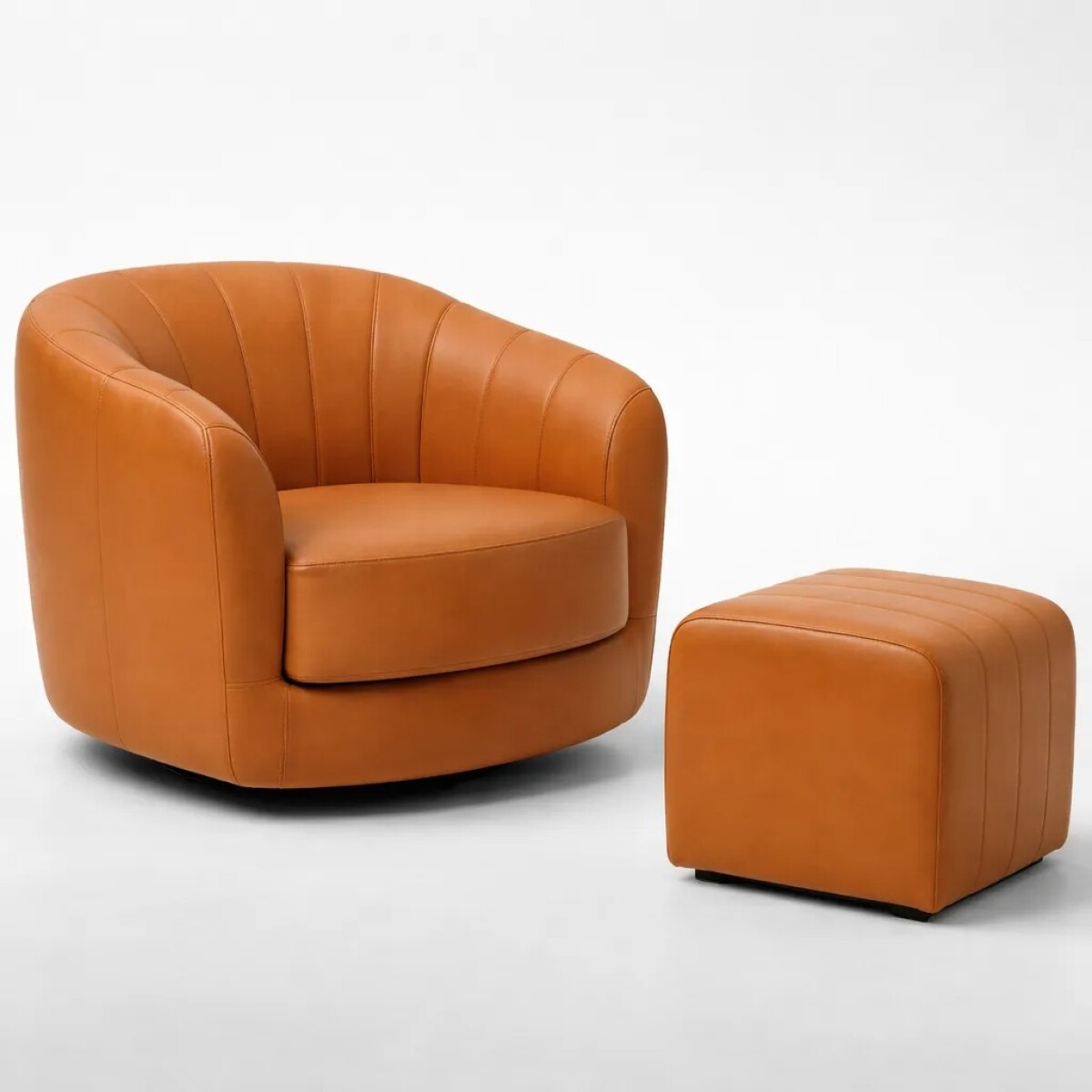 BUTACA GIRATORIA REDONDA C/ PUFF - 100% CUERO - MODELO MENDOZA - MARRON CLARO 