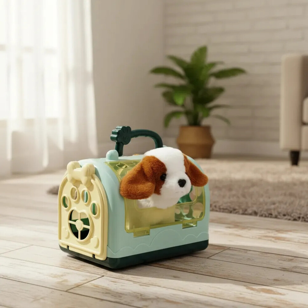 Perro de peluche con jaula transportadora y accesorios Perro de peluche con jaula transportadora y accesorios