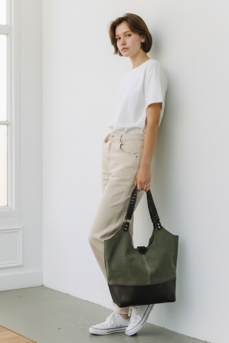 Tote bag de cuero con gamuza Verde