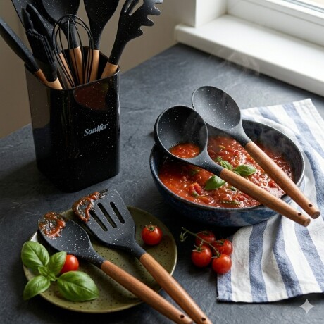 Set Utensilios Cocina Sonifer Silicona Mango Madera 9 Piezas Negro