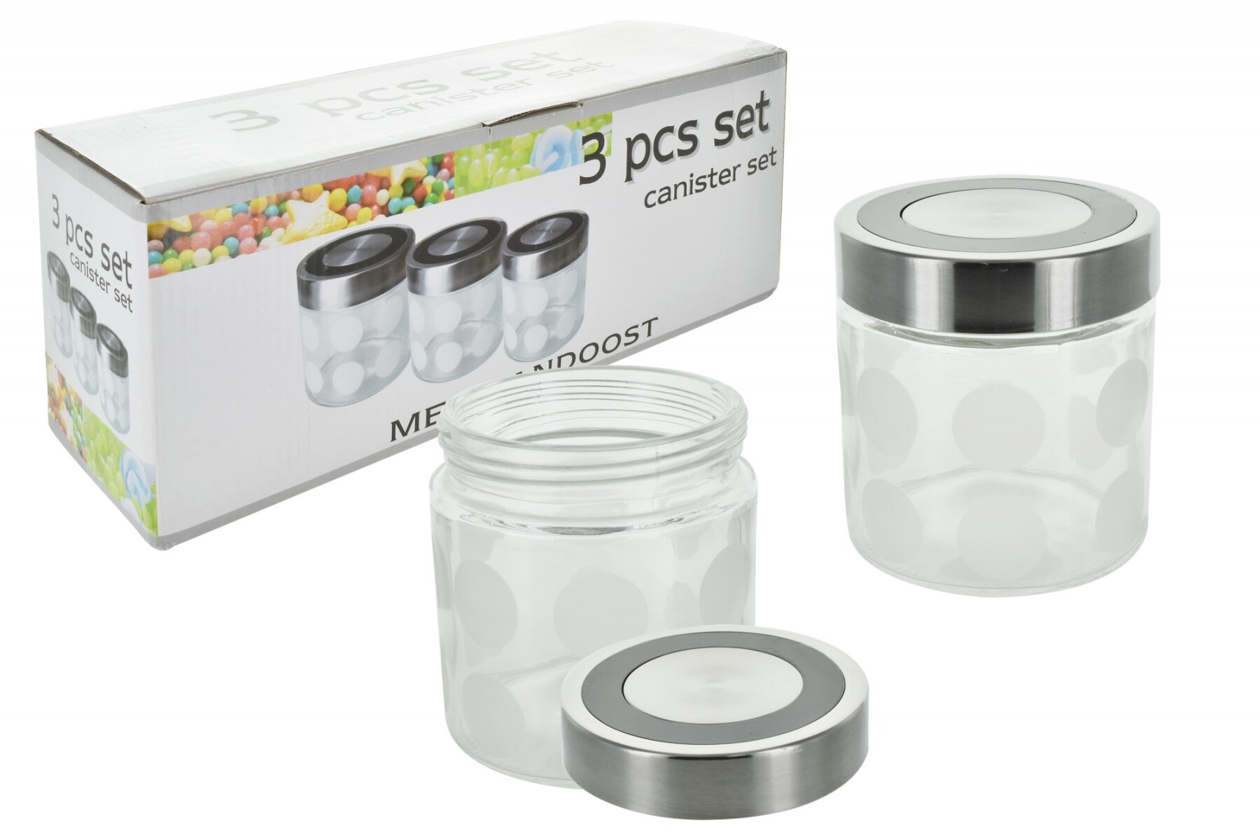 TARROS VIDRIO PARA COCINA X3 TAPA METAL DISEÑO LUNARES CAJA COLOR 19057 Q3 