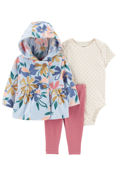Set tres piezas campera de micropolar con capucha, pantalón y body manga corta diseño flores Sin color