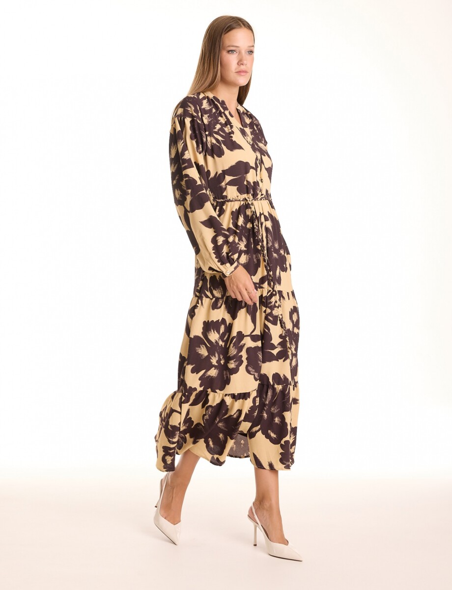 Vestido Maxi Cinto Flores - Beige/multi 