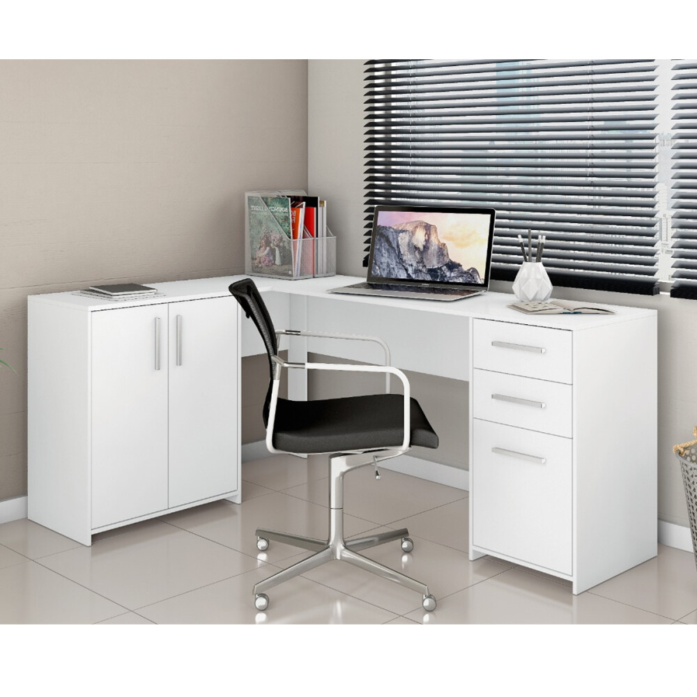 ESCRITORIO ESQUINERO MESA PARA PC LAPTOP COMPUTADORA 2 PUERTAS 2 CAJONES BLANCO