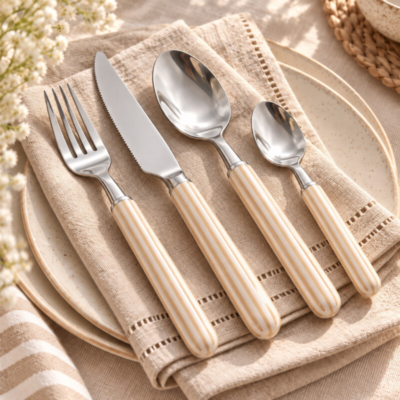 Set de Cubiertos Acero Inoxidable 24 Piezas Mango Rayas Beige