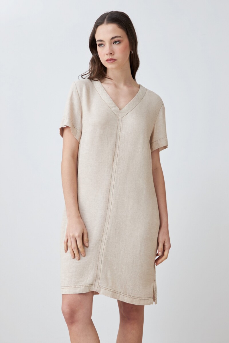 Vestido de lino con pespuntes en contraste beige melange