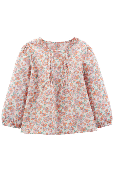 Blusa de algodón con detalle de tablitas y diseño floral Sin color