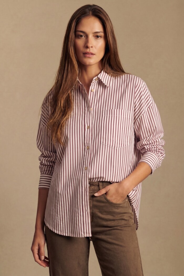 Camisa Rayada Con Lino Burdeos