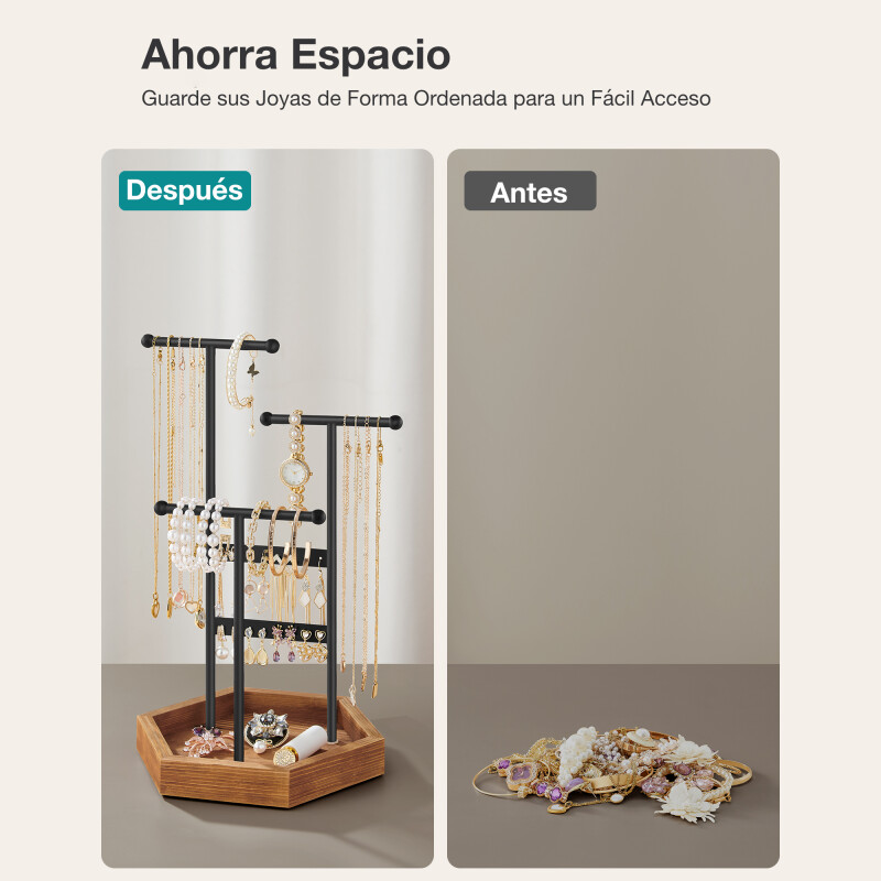 SONGMICS Organizadora de Joyas de Metal de 3 Niveles con Base de Madera – Soporte para Pulseras, Relojes y Pendientes Negro