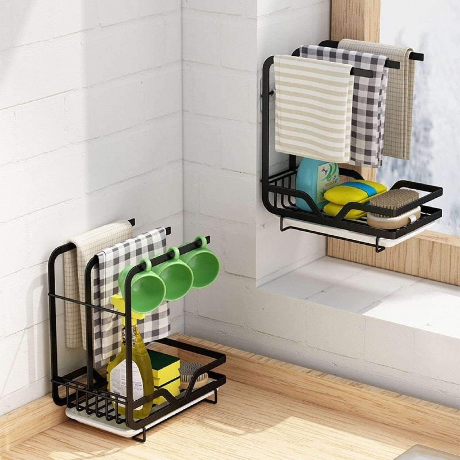 Organizador Para Fregadero QWORK - Soporte Colgante Para Estropajos, Sin Taladrar, Con Bandeja De Drenaje, Color Negro