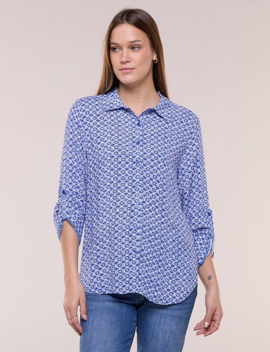 Camisa Manga Larga Con Estampa - Azul/blanco 