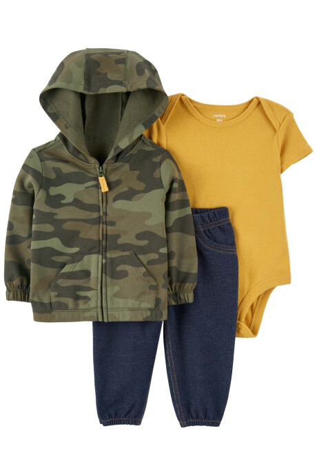Set tres piezas, campera camuflada, pantalón jean y body de algodón Sin color