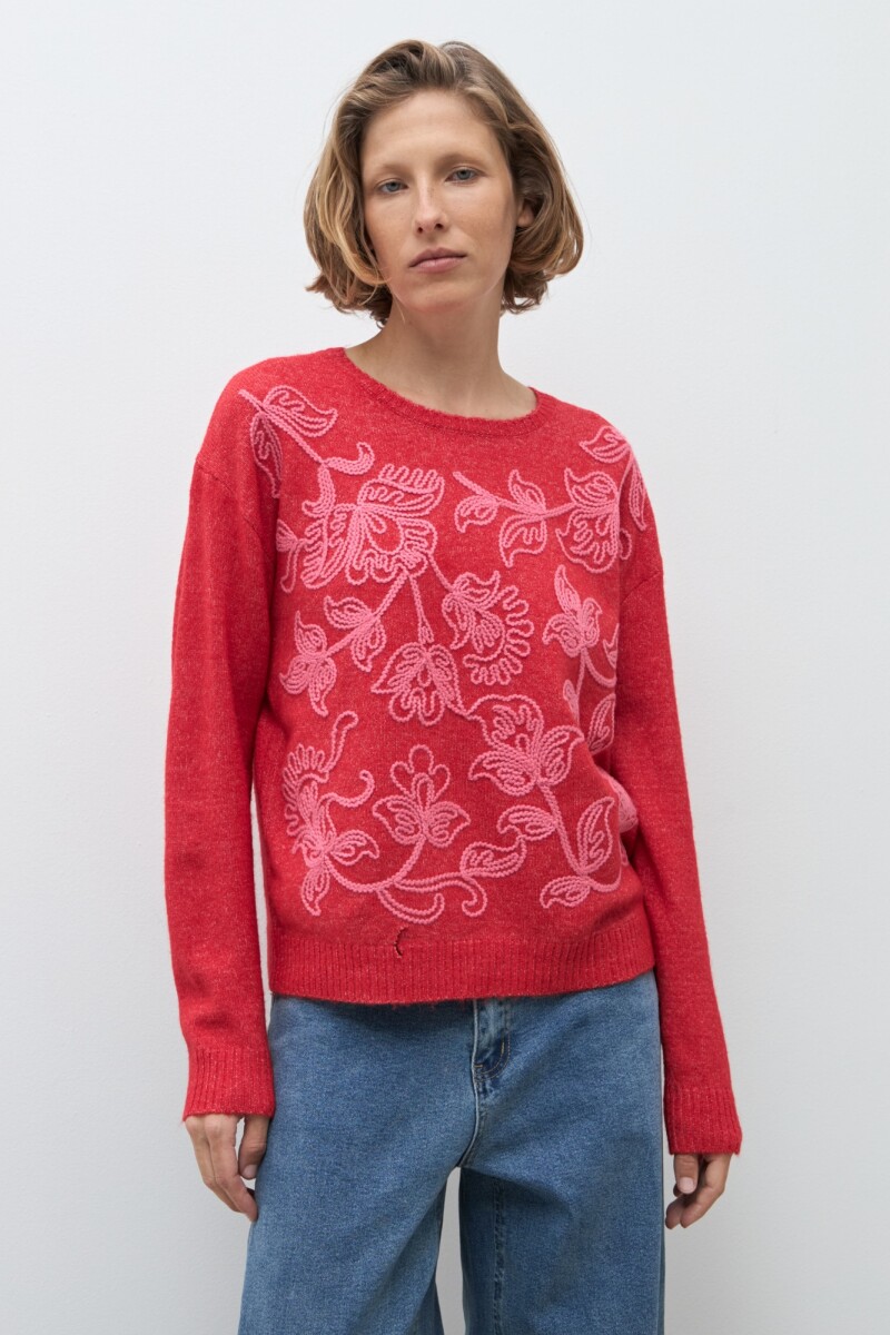 Sweater bordado floral rojo