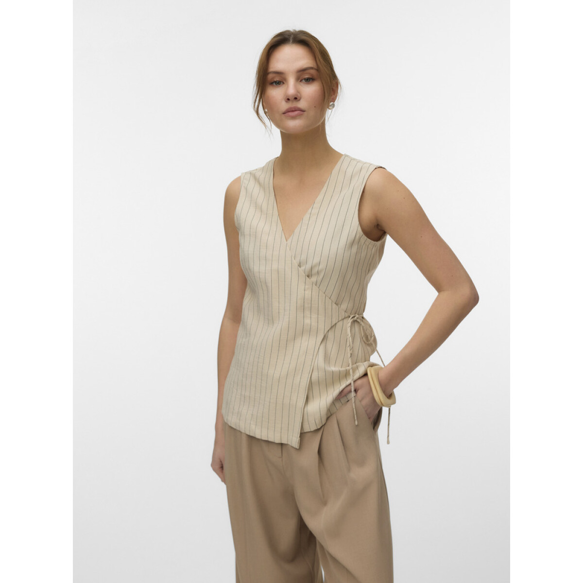 VMKIARA S/L WRAP TOP WVN BTQ - OATMEAL 