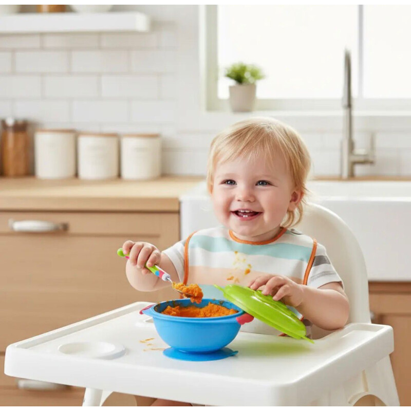 Plato con Ventosa Antidesliznate y Tapa Protectora Celeste