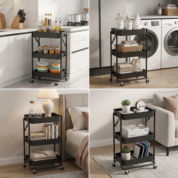 Carro Plegable Carrito Organizador de Metal con 3 Estantes y Ruedas Multiuso IMBACK Color Negro Carro Plegable Carrito Organizador de Metal con 3 Estantes y Ruedas Multiuso IMBACK Color Negro