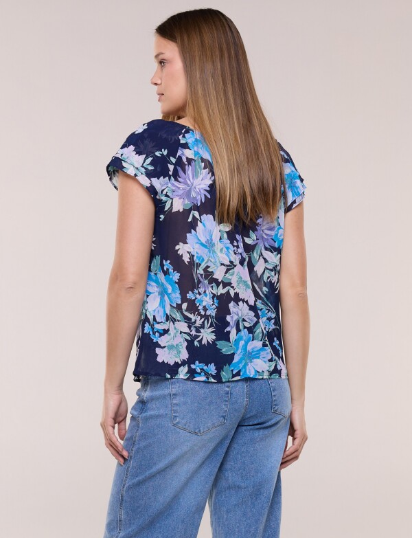 Blusa Floral Con Escote Elastizado Y Lazo MULTI/AZUL