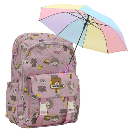 Set Mochila Escolar Infantil p/ Laptop y Bolsillos + Paragua Rosa