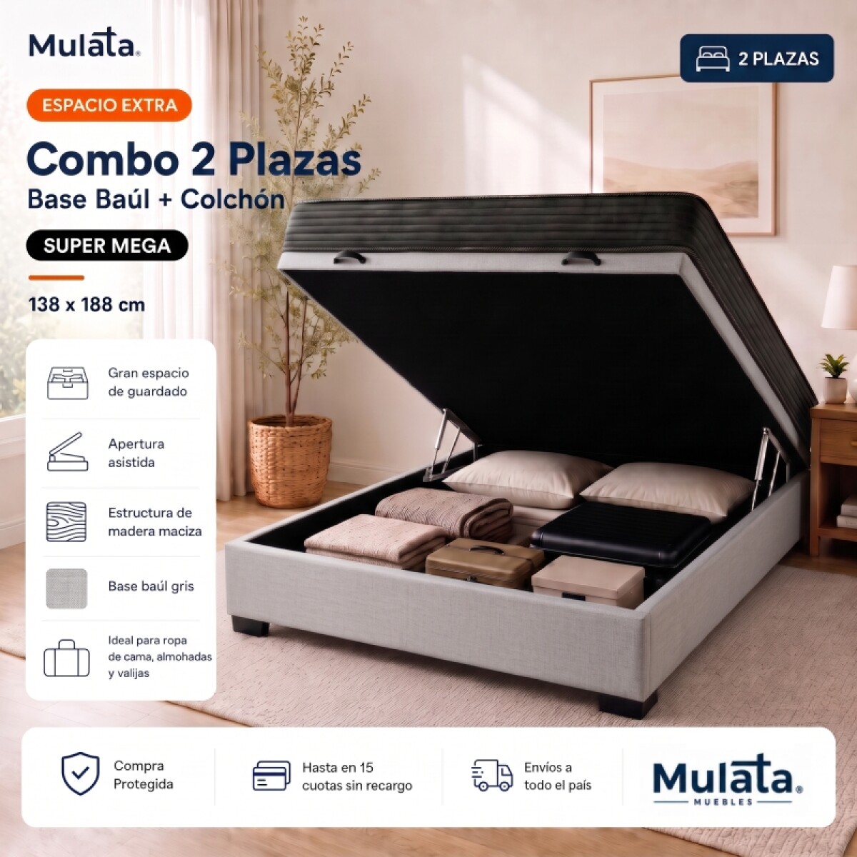 Sommier Baúl 2 Plazas Gris con Colchón Super Mega 138 x 188 Firmeza Media 