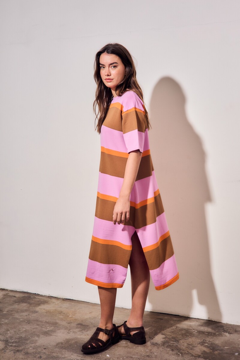 Vestido Tejido A Rayas Rosa